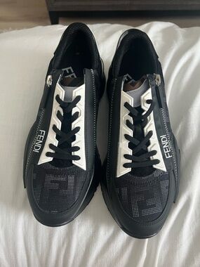 Fendi Black and White Low-Top Zipper Sneakers